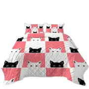 Pink White Panel and Black White Cats Coverlet