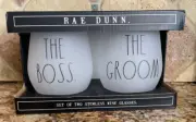 RAE DUNN THE BOSS THE GROOM FROSTED STEMLESS WINE GLASSES -FREE SHIPPING