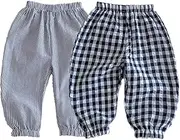 [Ashmyova] Toddler Boys Girls Classic Plaid Trousers Kids Casual Ankle Stripe Pants Loose Long Bloomers 2Pcs