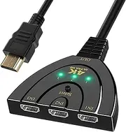 HDMI Splitter 3 in 1 Out, HDMI Splitter 4K UHD HDR, HDMI Switch 3 in 1 Out Supports 4K/3D/HDR/1080P, Compatible with PS-5/PS-4/X-box/Blu-Ray/TV Stick/App-le TV/HD-TV, Automatic Switching