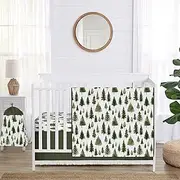 Sweet Jojo Designs Sage Green Woodland Boy Girl Gender Neutral Unisex Baby Crib Bedding Set Infant Nursery Blanket Fitted Sheet Skirt Diaper Stacker 4p Forest Themed Nature Pine Tree Watercolor Fringe
