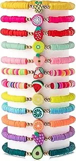 JAPBOR 12pcs Fruit Clay Bracelets, Colorful Surfer Disc Beaded Stretch Rope Bracelet for Girls Kids, Friendship Elastic Boho Women Child Play Jewelry Charms for Summer Beach Birthday Vacation Favor,
