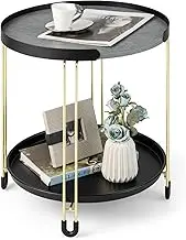 Giantex 2-Tier Round Side Table for Small Space, Accent End Table with Removable Tray & Metal Frame, Elegant Coffee Table, Faux Dolomite Nightstand for Living Room, Bedroom & Balcony
