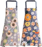 2 Pack Kitchen Cooking Aprons, Adjustable Chef Apron with Pockets, Waterproof and Oil-proof Apron, Floral Pattern Apron for Women