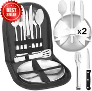 11-Piece Camping Tableware Set for 2 Stainless Steel Cutlery with Organizer Bag
