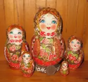 Matryoshka Red Gold Russian Nesting Dolls 5 Pyrography MATT signed MAMAYEVA GIFT
