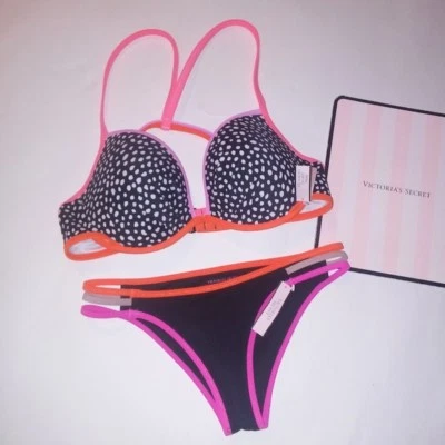 Victoria Secret Bikini 34D Push Up Top XS Bottom Strappy Cheeky Black Dots New