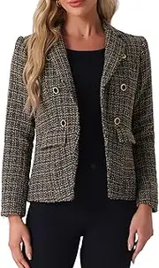 [Allegra K] Women's Elegant Plaid Jacket Long Sleeve Open Front Tweed Blazer