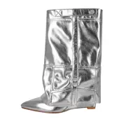 Missheel Silver Metallic Wedge Heel Fold Over Boots Size 6 NIB