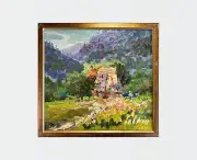 Oil painting An old house Ukrainian painter Fiberboard Framed original landscape