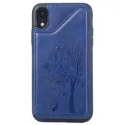 For Iphone Xr Cat Tree Embossing Pattern Shockproof Protective Case With Card Slots and Photo Frame(Blue)