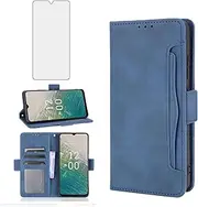 Asuwish Compatible with Nokia C32 Wallet Case and Tempered Glass Screen Protector Card Holder Stand Leather Flip Cell Accessories Phone Cover for NokiaC32 Women Men Blue