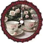 [VPPUR] Tea Cups with Roses Romantic Shabby Print Xmas Tree Skirt Santa Xmas Decor Holiday Party 48''36''30''Christmas Tree Skirt