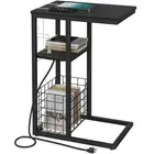 C Shaped End Table with Charging Station, Side Table for Couch, Small Side En...
