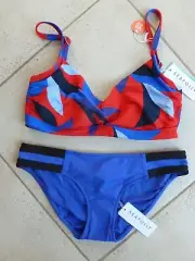 Seafolly Bikini Aloha Chilli DD U/wire Bra 10 & Block Party Blue Ray Pant 12