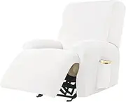 Morbuy Stretch Recliner Cover 4 Pieces, Solid Color Velvet Reclining Sofa Slipcover for 1 Seat, Non Slip Washable Furniture Couch Cover Protector with Elastic Bottom and Pocket (1 seat,White)