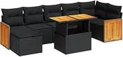 vidaXL 7 Piece Garden Sofa Set - Black Poly Rattan/Acacia - Outdoor Patio Furniture with Cushions & Table - Modular Design with Storage Function for Backyard/Patio