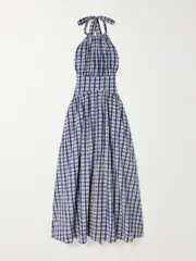 [Rosie Assoulin] Rosie Assoulin - Halter In The Name Of Love Gathered Checked Seersucker Midi Dress - Blue - US12 US 12 Blue
