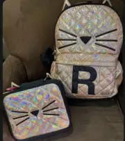 JUSTICE BACKPACK & LUNCHBOX IRIDESCENT GOLD CAT INITIAL “R” SHIMMERING CUTE!!