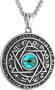 [HZMAN] Stainless Steel Green Eyes Talisman Seal Solomon Six-Pointed Star 12 Constellation Pendant Necklace for Men Women