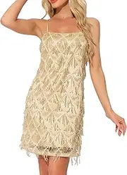 [Allegra K] Women's Flapper Dresses 1920s Dresses with Tassel Fringe Spaghetti Straps Cocktail Party Mini Sequin Dress, Gold, M