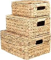 Homodoskey 14 inch Wicker Storage Baskets with Lids, Set of 3 Rattan Lidded Water Hyacinth Baskets for Organizing,Hand Woven Large Rectangular Basket Boxes with Top, Decorative Chest Organize