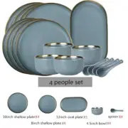Matte Gilt Rim Ceramic Tableware Set with Spoon Cereals Bowl Dessert Plate