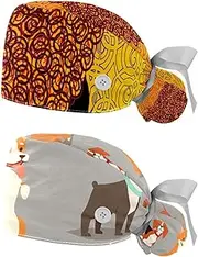 [WOSHJIUK] Working Hat 2 Pack Scrub Caps for Women,African Women Hair Ethnic Style,Tie Back Cap Adjustable Scrub Hat