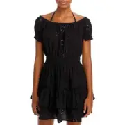 AQUA Swim - Floral Eyelet Tiered Peasant Cover Dress in Black - Size Small