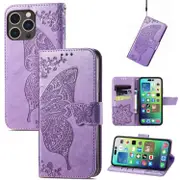 For iPhone 15 Pro Max Case, Butterfly Emboss PU Leather Wallet Cover, Light Purple