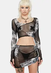 [DARKER WAVS] Flanger Patchwork Mesh Skirt Set