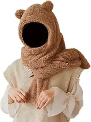 [Leadigol] Women Kawaii Bear Ear Beanie Hat Scarf Set Cute Winter Warm Caps Thicken Fleece Fuzzy Hat Japanese Fluffy Fuzzy Hats Caps Brown, Brown, One Size