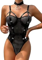 [Generic] Women's Sexy Lingerie One Piece Bodysuit Mesh Underwire Strappy Babydoll Teddy Lingeries with Choker