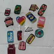 LOT of 15 CROC’s Colorful Shoe Charms Set Drinks Camping Lisa Frank Heart Jordan