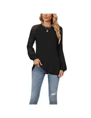 Women's Lace Lantern Long Sleeves Tops - Black