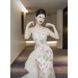 【女神婚紗禮服】復古風羽毛掛脖新娘宴會晚禮服花色魚尾 0817(氣質 典雅 優雅 洋裝)