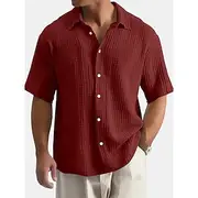 Men's Shirt Linen Shirt Summer Shirt Beach Wear Seersucker Shirt Solid Color Vacation Street Black White Wine Navy Blue Short Sleeve Shirt Collar Summer Spring