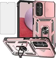 [Asuwish] Mobile Phone Case for Samsung Galaxy A14 4G/A 14 5G/M14 Case with Glass Film Tempered Glass Screen Protector Camera Protection Slider and Magnetic Ring Stand 14A LTE Slim Mobile Phone Case