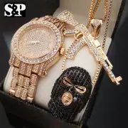 Hip Hop Iced GOON MASK & AK47 Necklace & Lab Diamond Fashion Watch Combo Set