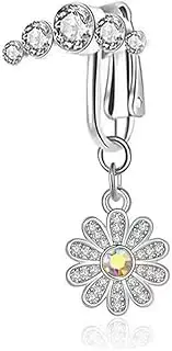 [Niaspi] Cute CZ Daisy Flower Fake Belly Button Rings for Women Dainty Non Piercing Clip-On Dangle Belly Navel Rings Dangling Fake Belly Jewelry