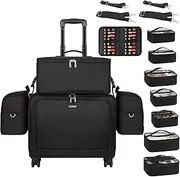 Rolling Makeup Train Case Professional Makeup Artist Bag 4 in 1 Extra Large with 7 Small Bag Makeup Case Trolley Cosmetic Case with Swivel Wheels and Adjustable Dividers