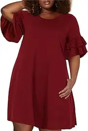 [Nemidor] Women's Ruffle Sleeve Jersey Knit Plus Size Casual Swing Dress with Pocket (26, Wine)