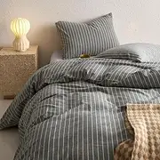 Wake In Cloud - Cotton Quilt Cover Set, 100% Washed Cotton Doona Duvet Cover Bedding Set, 3 Pieces, Pinstripe Grey, King Size