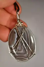 BOTSWANA AGATE *Silver* Pendant 6cm 16g +Cord Wire Wrapped Sterling Tumbled