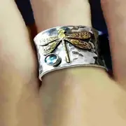 Silver and Gold Dragonfly Ring Blue Topaz Wide Band Hammered