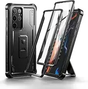 [Dexnor] Full Body Case for Samsung Galaxy S22 Ultra【Double Front Frame & Kickstand 】, Bumpershock Technology Drop Protection Rugged Phone Cover Shockproof Protective Bumper Case - Black