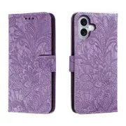 For iPhone 16 Plus Case, PU Leather Floral Lace Cover, Purple