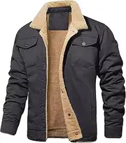 [Generic] Men's Lapel Lined Trucker Jacket Fur Collar Winter Military Thicken Jacket Sherpa Fleece Lined Cargo Coat