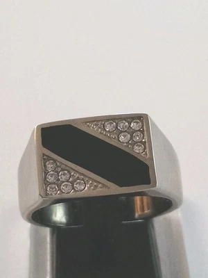 Black Onyx Enamel Ring – Silver Tone Stainless Steel, Men’s Size 9