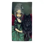Loup Garou Beautiful Gothic Lady and Black Wolf Beach Towels Medium Large Extra Large